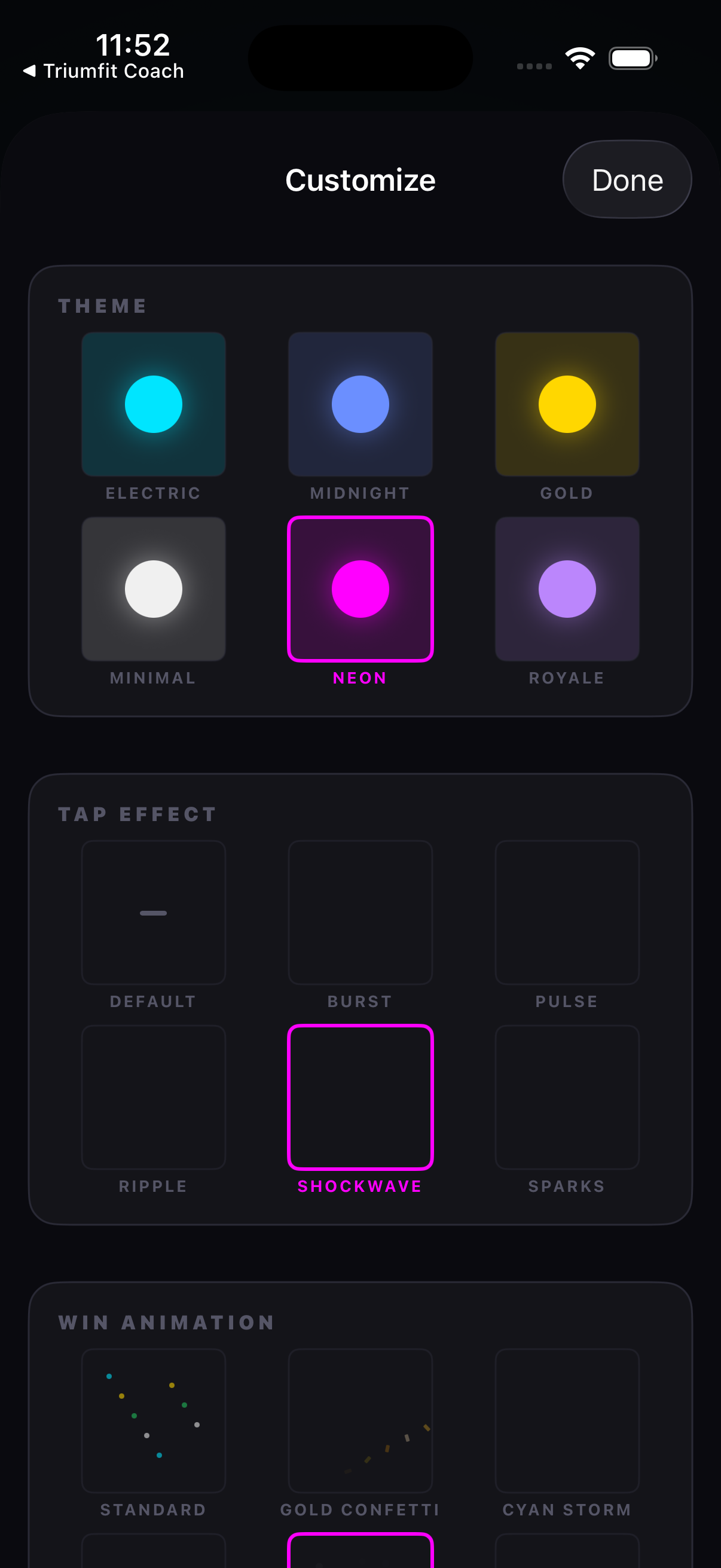 Cosmetic customization — themes, tap effects, win animations