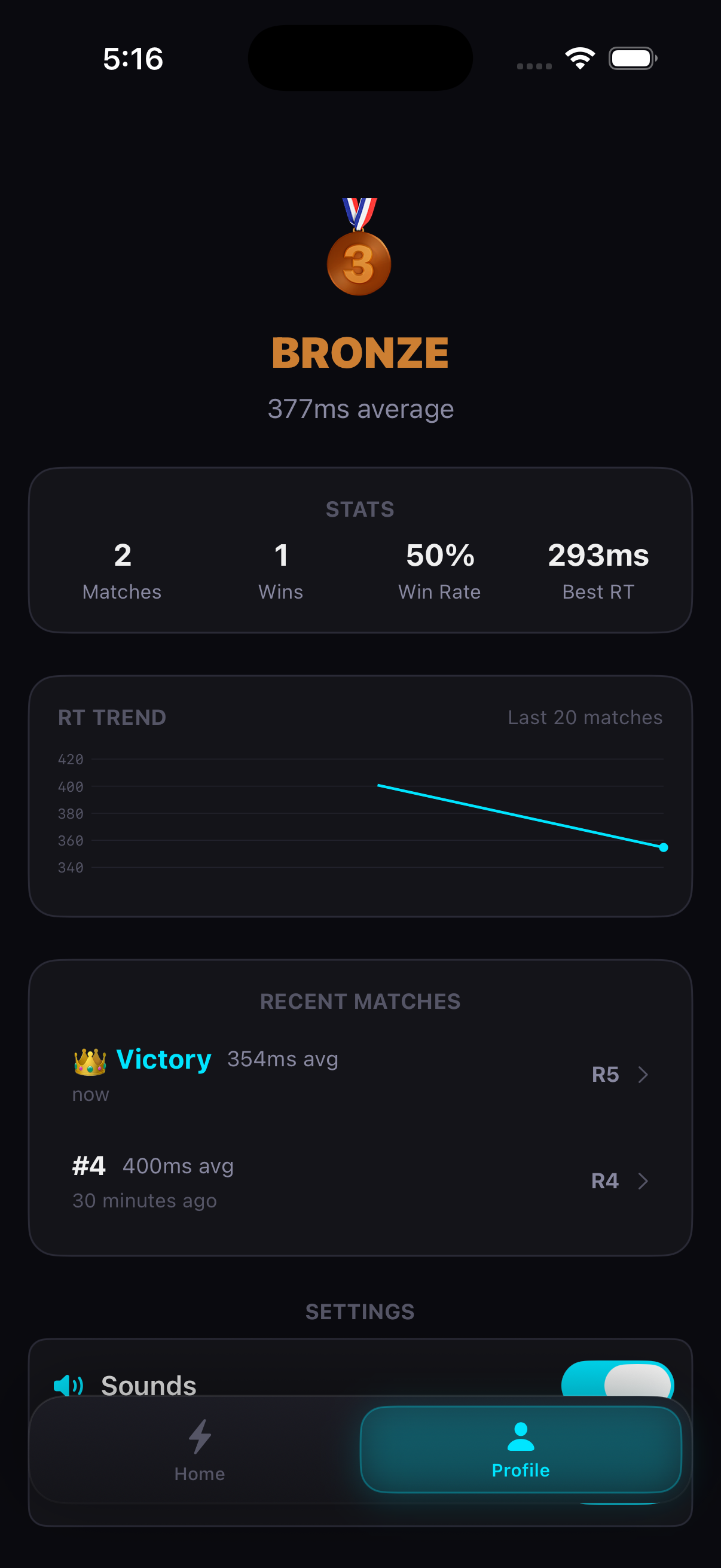 Player profile with rank, stats, and RT trend chart